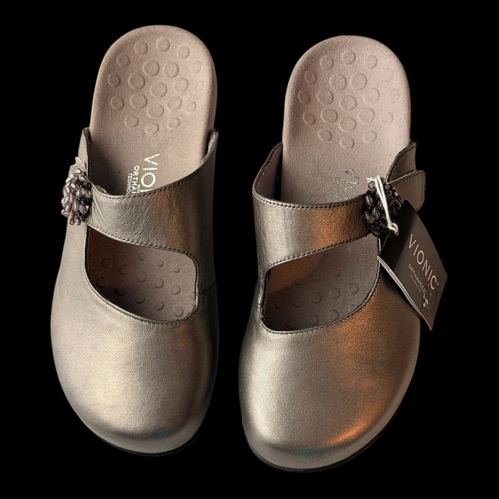 Vionic Rest Joan Mule Pewter Metallic Leather Mary Jane Mules Womens 8 Orthaheel